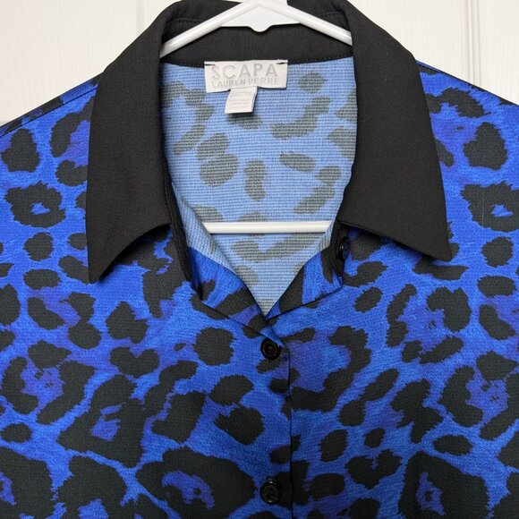 Scapa Lauren Perre Duchessa XS Royal Blue Black Animal Print Shirt NWT - Picture 2 of 16